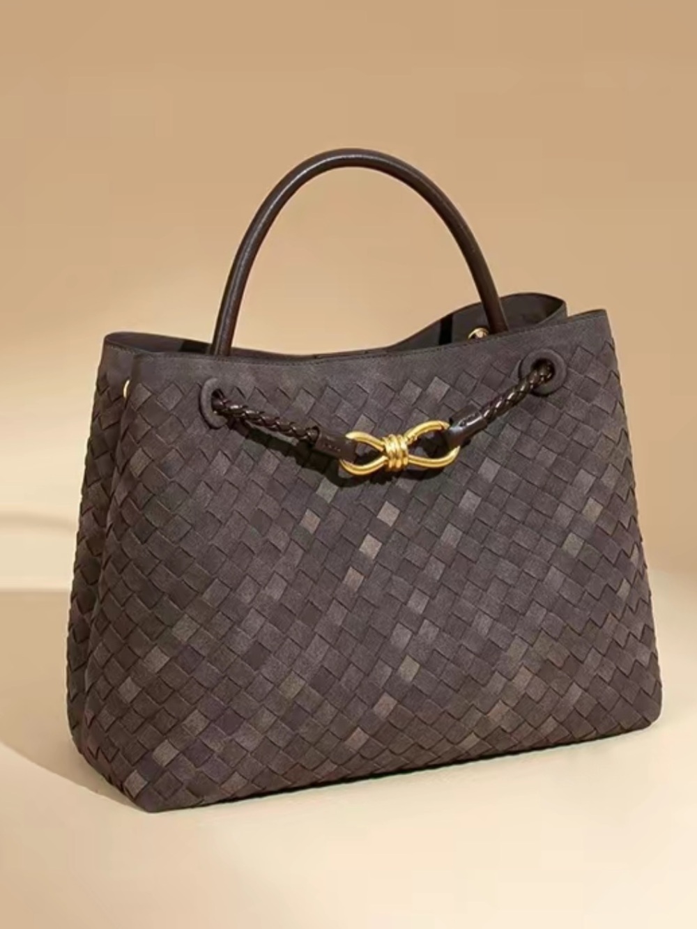 Woven faux suede Tote Bag with Gold Knot Accent - Dark Brown